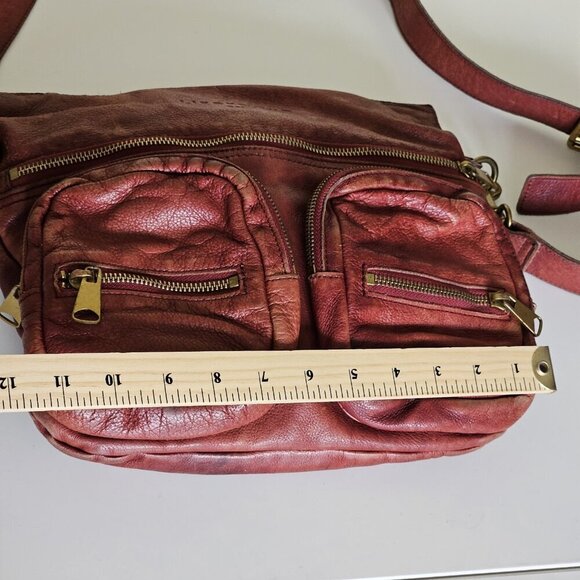 Liebeskind Crossbody Bag Anny Fire Red Aged Leather Zip Flannel Plaid Lined Boho - Picture 10 of 16